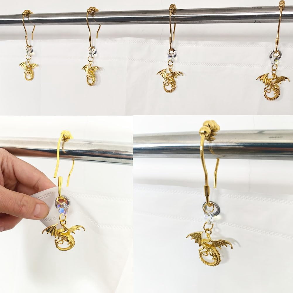 Dragon Shower Curtain Hooks for Bathroom, Rustproof Metal Gold Shower Curtain Rings Set of 12 with Fantastic Animal Dragons Gothic Medieval Fantasy Theme Bathroom Decor (Gold)