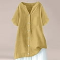 thumbnail image 2 of Delayuji Women's Cotton Linen Shirts Solid 3/4 Sleeve Tunic Tops Oversized Tshirts Casual V Neck Blouses Yellow Xl Wrinkles In Wash Water Short Sleeve Shirts for Women, 2 of 3
