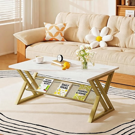 Rectangular Coffee Table with Storage Shelf Faux Marble Engineered Wood Top and Gold Metal Frame