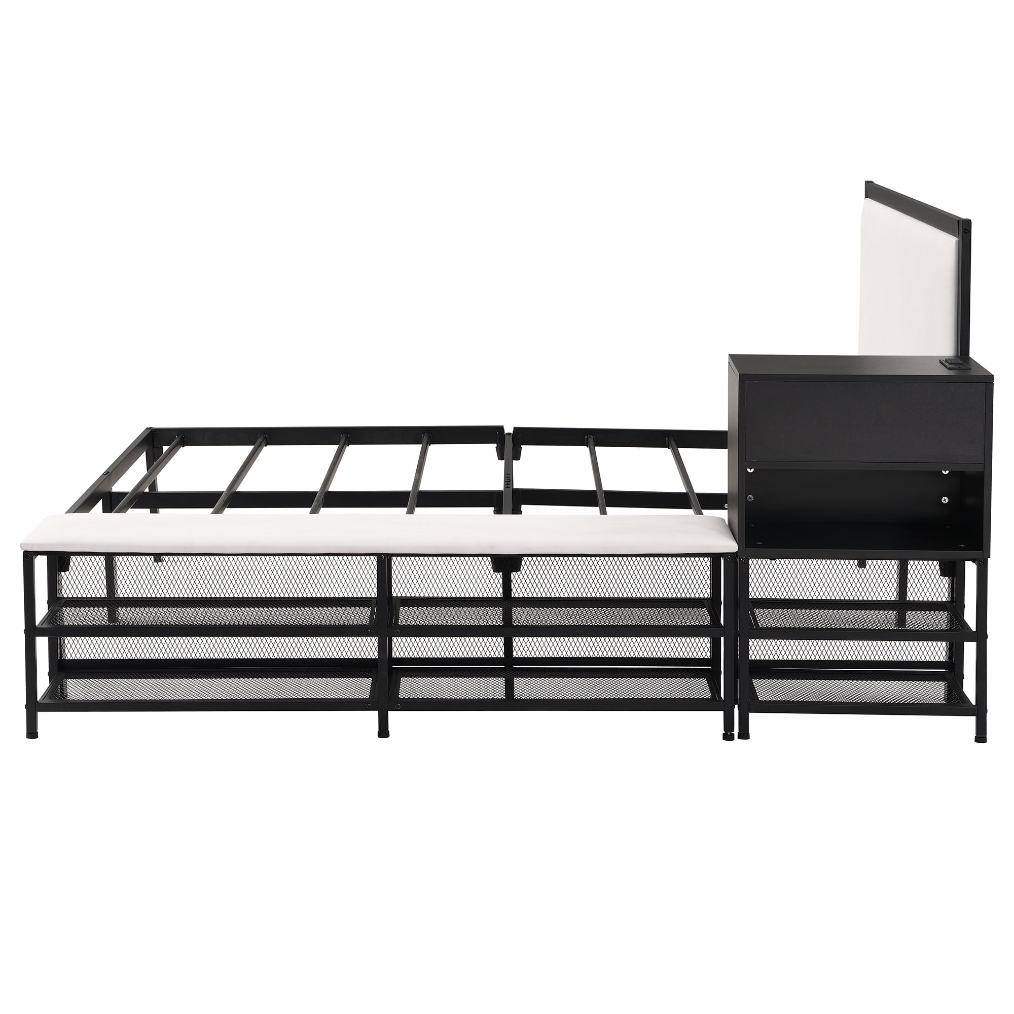 Euroco Metal Full Size Platform Bed with Storage Shleves and Ottoman, Black
