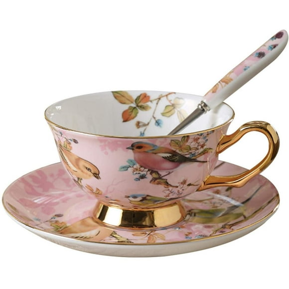 KSCD European Style Vintage Ceramic Teacup, Elegant Coffee Cup, Royal Bone China Tea Cups with Spoon and Saucer Set for Home