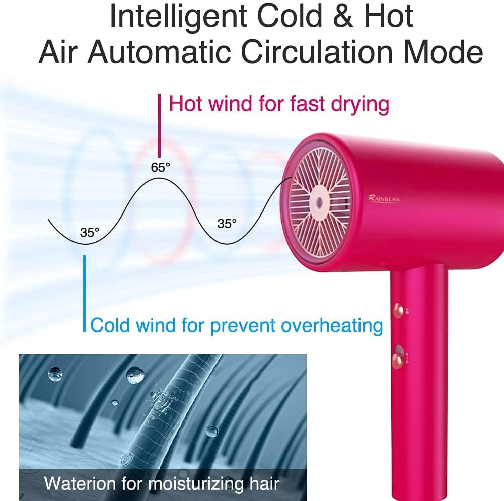 RAINBEAN Patented Water Ionic Hair Dryer 1800W with Magnetic Nozzle for Home Travel and Salon Pink