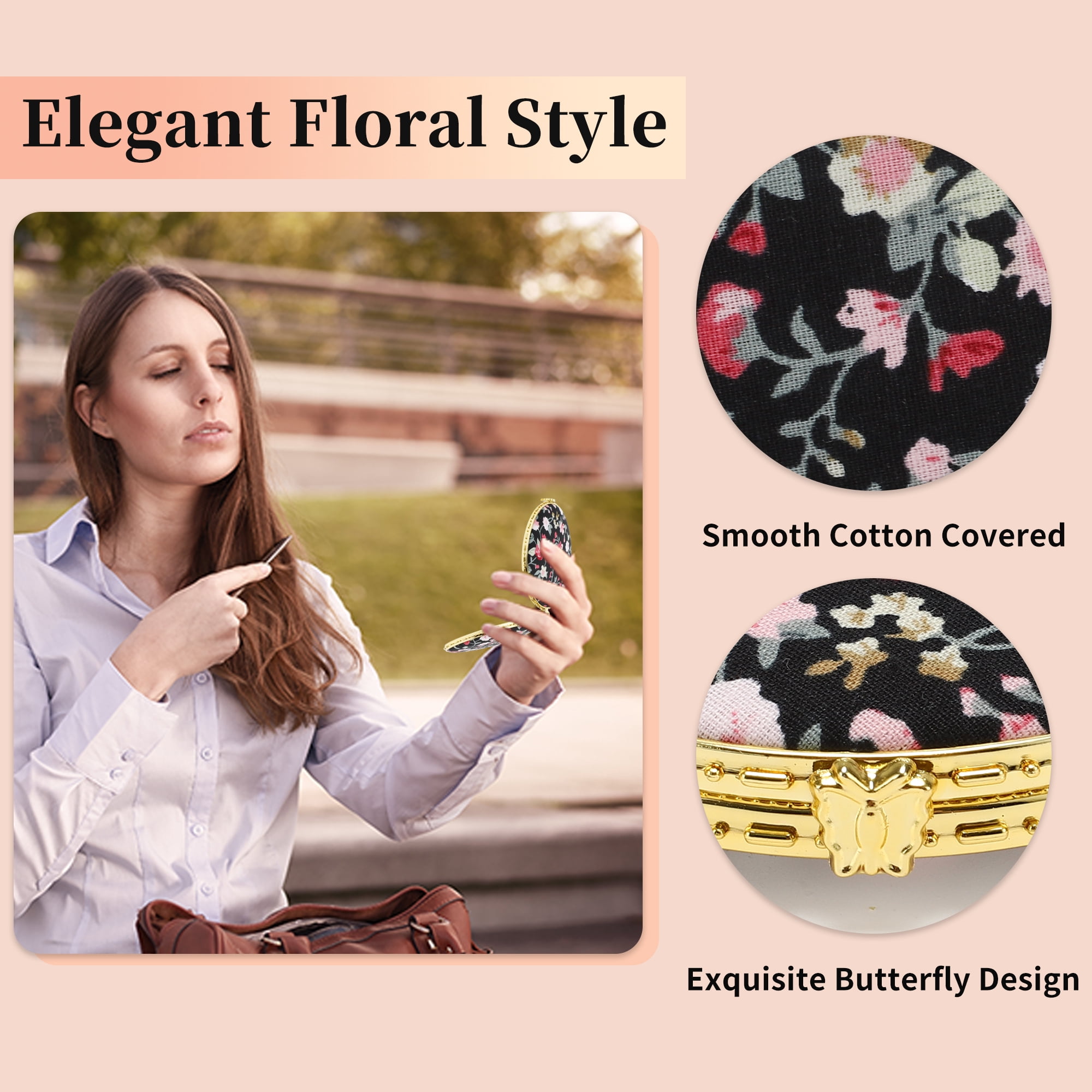 Unique Bargains Round Mini Floral Mirror for Women Purses Pocket Black