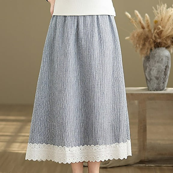 Taylonsss Womens Elastic Waist Striped Lace Midi Skirt Casual Patchwork Cotton Linen Blend A-Line Skirt for Daily Wear