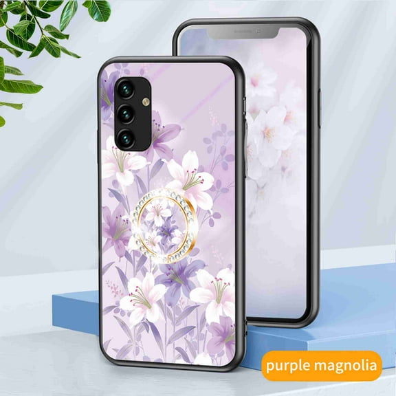 Dteck Compatible with Samsung A13 5G Case, Shockproof Girls Women Drop Protective Flower Pattern Glass Back Cover With Diamond Ring Kickstand For Galaxy A13 5G Case, Purple magnolia