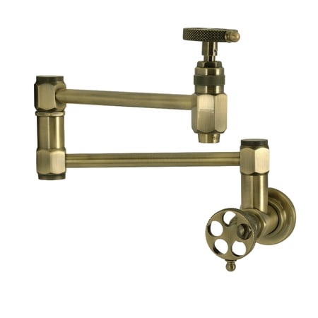 Kingston Brass KS5103RKX Webb Two-Handle 1-Hole Wall Mount Pot Filler Faucet with Knurled Handle in Antique Brass