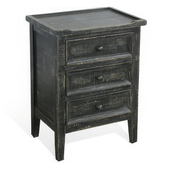 Rena End Table with 3 Drawers, 19 Inch Distressed Black Mahogany Wood