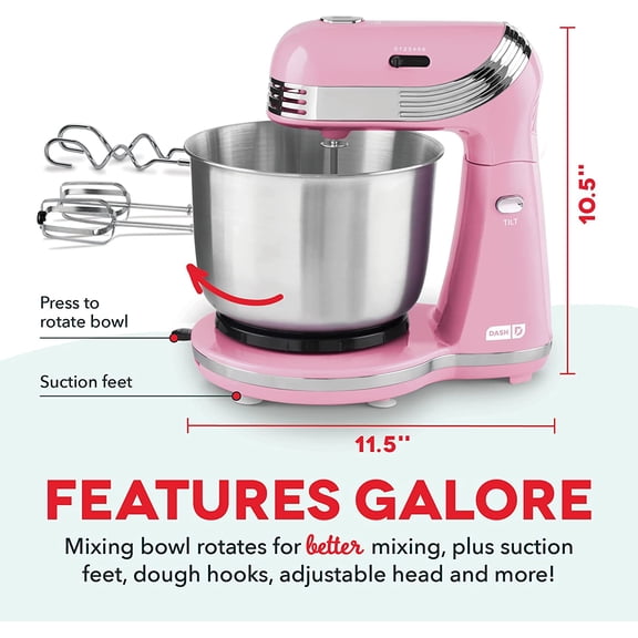 Dash Stand Mixer (Electric Mixer for Everyday Use): 6 Speed Stand Mixer with 3 Quart Stainless Steel Mixing Bowl, Dough Hooks & Mixer Beaters for Dressings, Frosting, Meringues & More - Pink