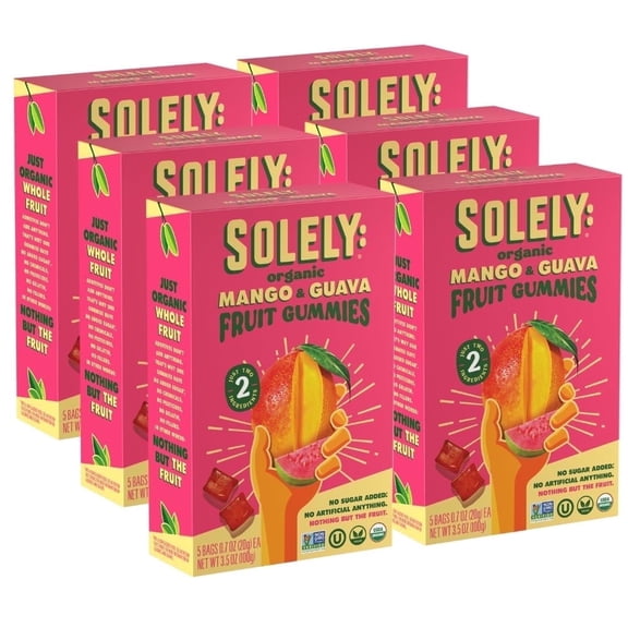 SOLELY Organic Mango &Guava Whole Fruit Gummies (pack of 6 Boxes, 5 Bags per Box), Healthy Chewy Snacks for All, Vegan Snacks, 30 Bags