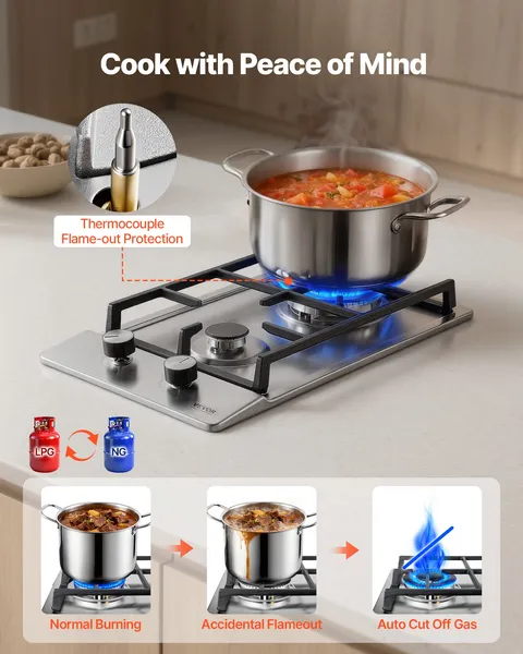 12 Inch Built-in Stainless Steel Gas Cooktop 2 Burners 12250 BTU LPG NG Convertible Dual Fuel Hob with Thermocouple Protection for Outdoor Kitchen Camping RV