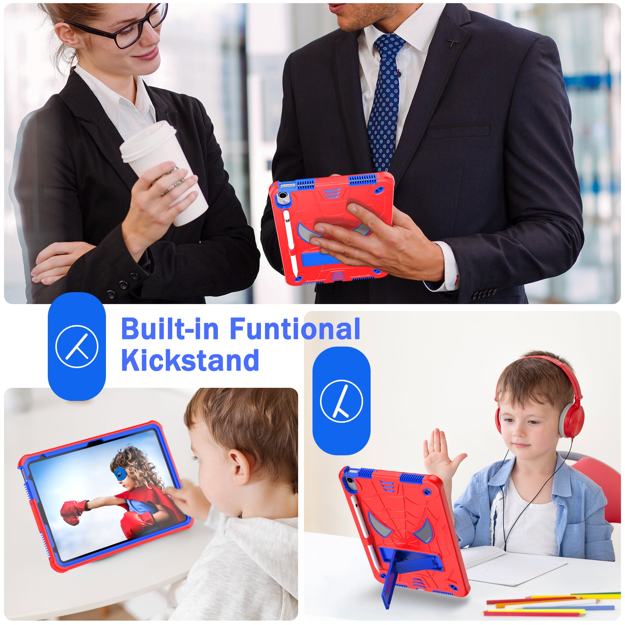 Rugged Shockproof Protective Case for Apple iPad A16 11th Gen 11" 2025 & iPad 10th Gen 10.9" - Heavy Duty 3-Layer Armor, Built-in Kickstand, Shoulder Strap, Pencil Holder, Shock Absorption,Red+Blue