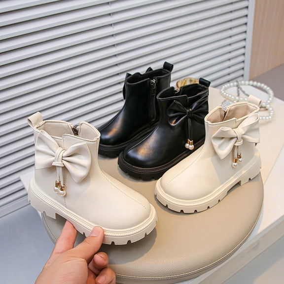 Miluxas Girls Ankle Boots Kids Bow Chunky Low Heel Side Zipper Dress Booties Fashion Fall Winter Shoes Black 3(36)