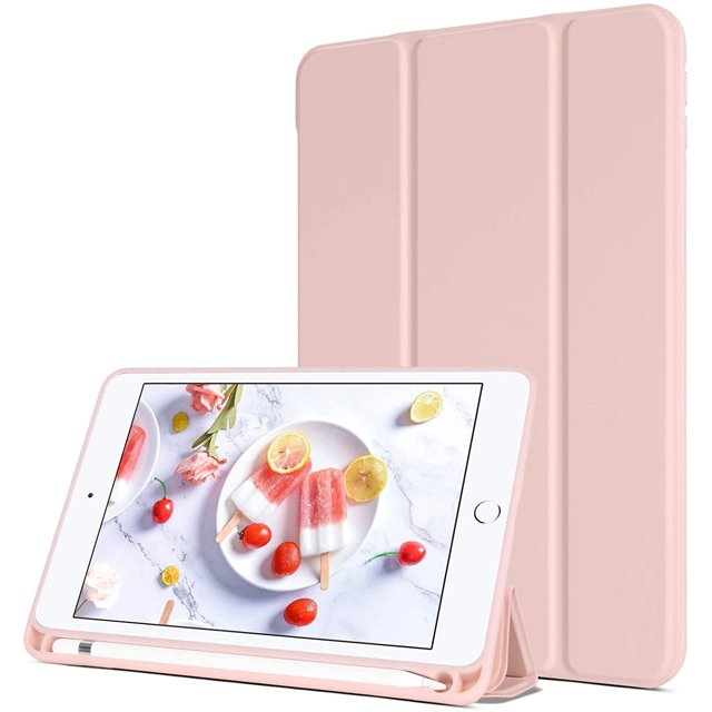 iPad Mini 5 Case with Pencil Holder, Slim Premium Protective Tablet Case Trifold Folio Stand Soft TPU Back Smart Cover Auto Wake/Sleep for iPad Mini 5th Generation 7.9 inch 2019, Pink