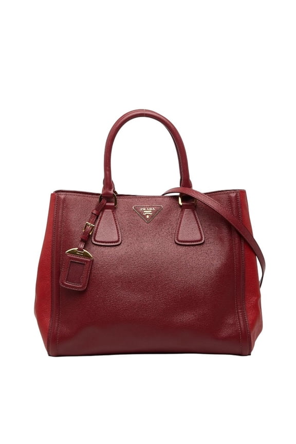 Pre-Owned Prada Triangle Logo Plate Handbag/Shoulder Bag, 2-Way, Red Saffiano... (Good)