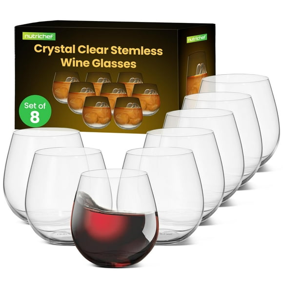Nutrichef Stemless Wine Glasses - (Set of 8) 15 Oz Red and White Wine Glasses, Flat Base for Increased Stability, Great for Daily Use, Parties, Housewarming Gift, Hand Blown, Dishwasher