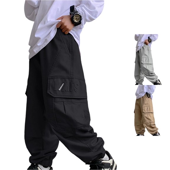 Boys Cargo Joggers Pants Elastic Waist Loose Fit Black Casual Jogging Trousers Bottom for Kids Fall 15-16 Years