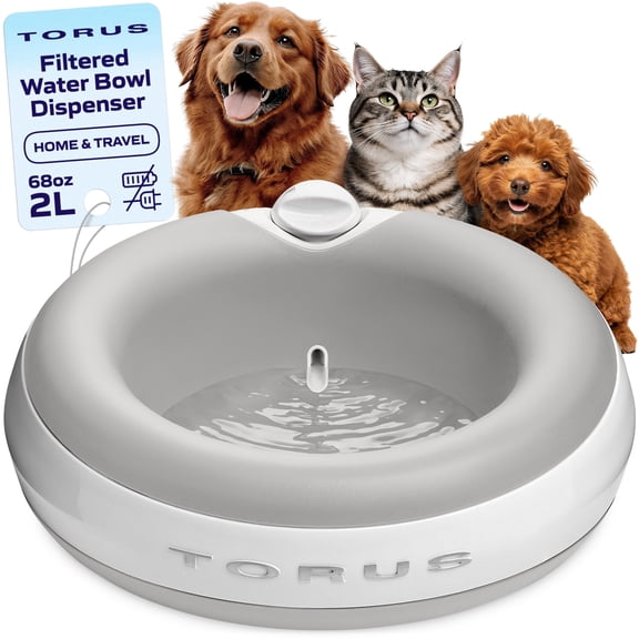 Torus Pet Maxi Portable Filtered Pet Water Bowl, 2L/68oz – Auto-Refill & No-Spill Water Dispenser with Carbon Filter- No Power or Batteries Needed - Travel Bowl for Dogs & Cats - Barkwood Beige