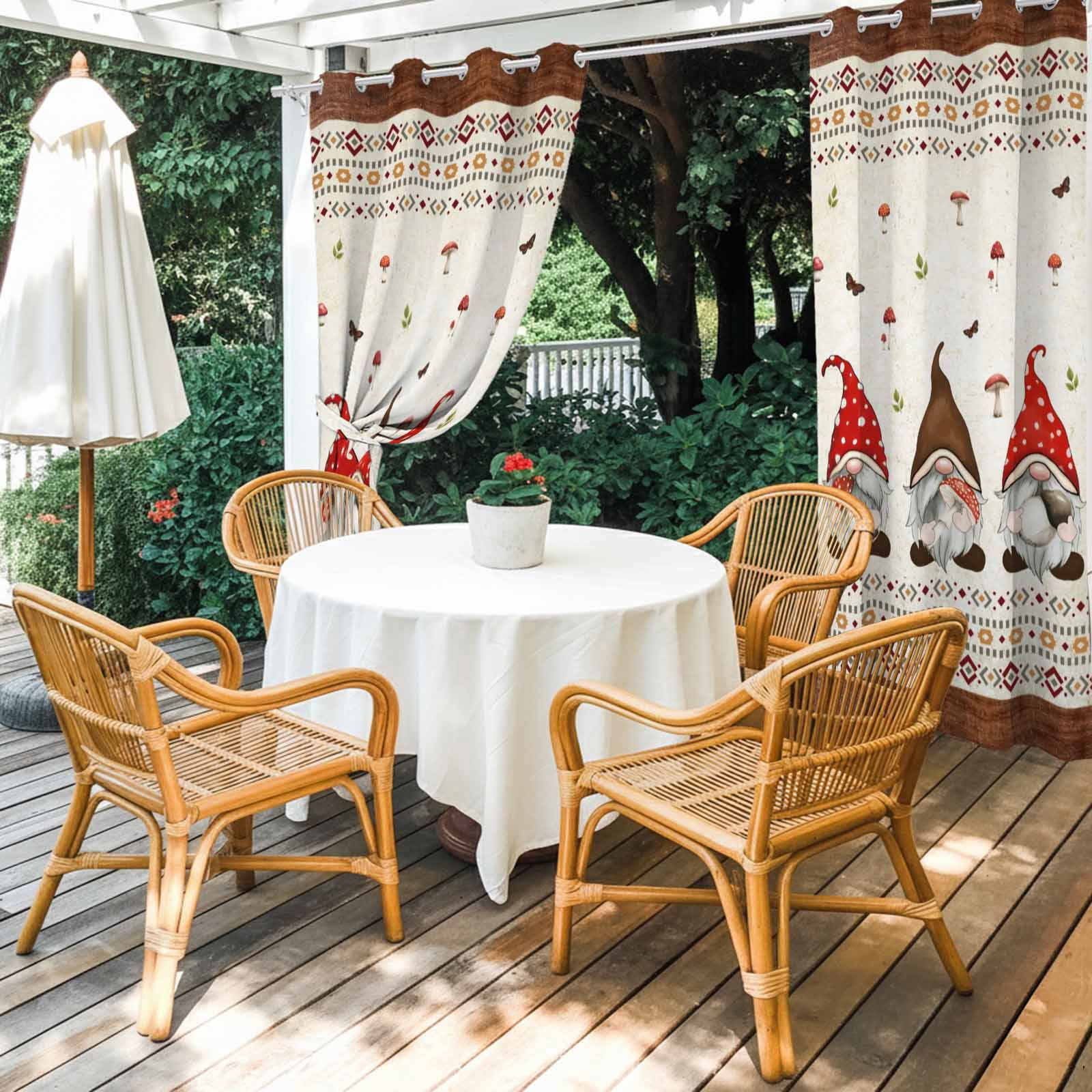 Outdoor Curtains for Patio Waterproof, Boho Gnomes Windproof Pravicy Outside Porch Blackout Curtain, Farmhouse Vintage Geometric Mushroom Brown Sun Blocking Grommets Curtains for Cabana 54"x108"