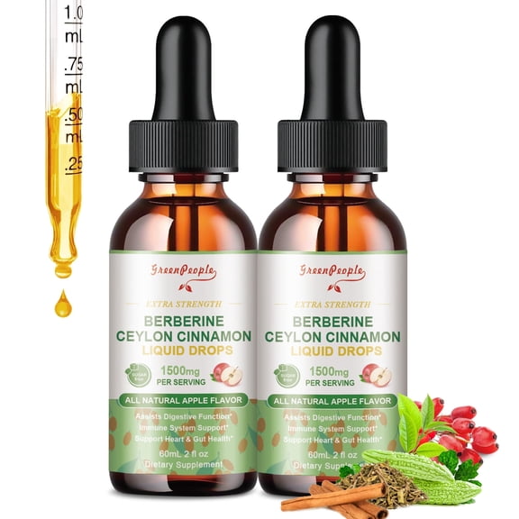 Berberine with Ceylon Cinnamon Liquid Drops, Sugar Free Natural Apple Flavor, 1500mg per Serving, 60mL (2 fl oz) - 2 Pack