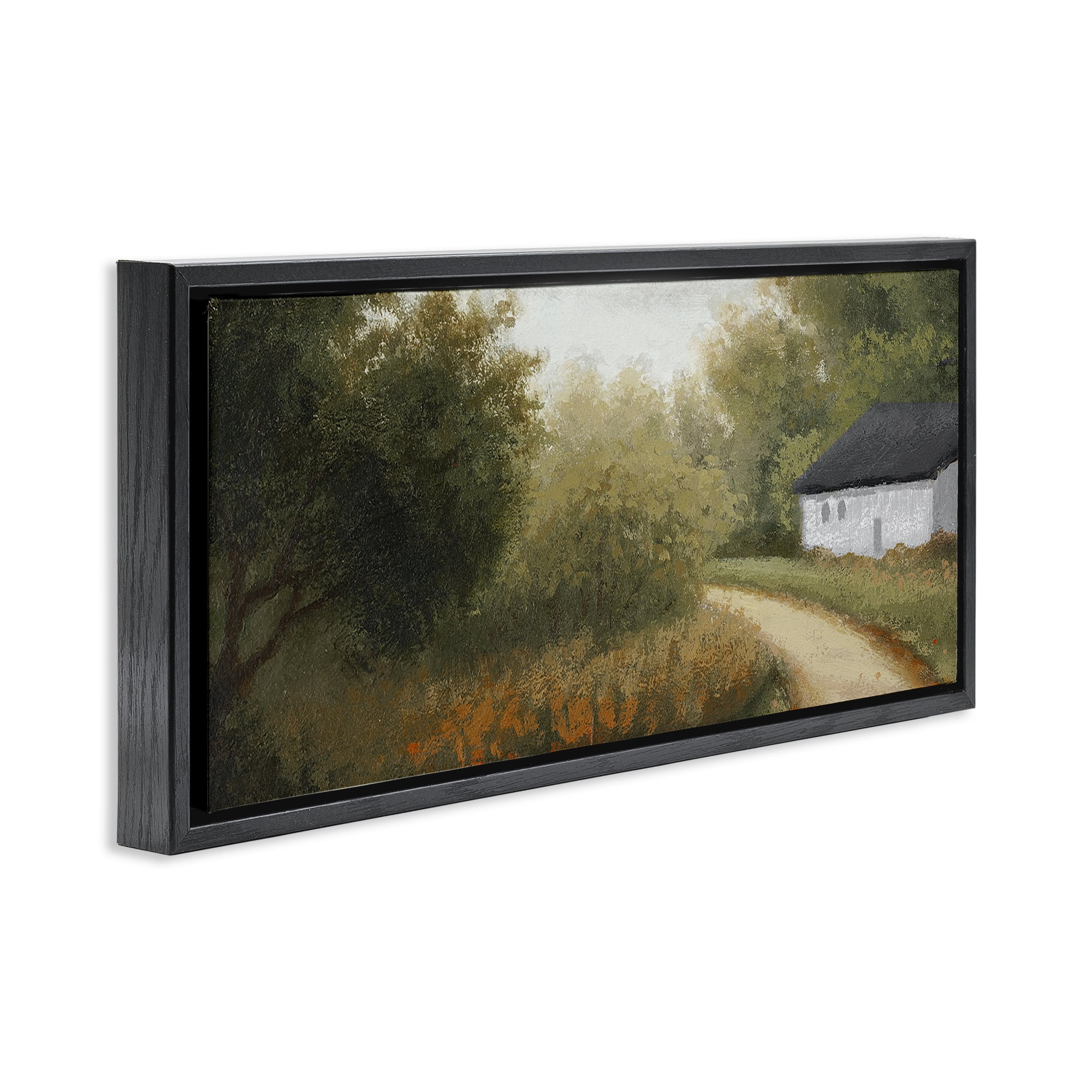 Stupell Industries Charming Country Road Landscape & Nature Painting Black Floater Framed Canvas Art Print Wall Art, 25 x 11