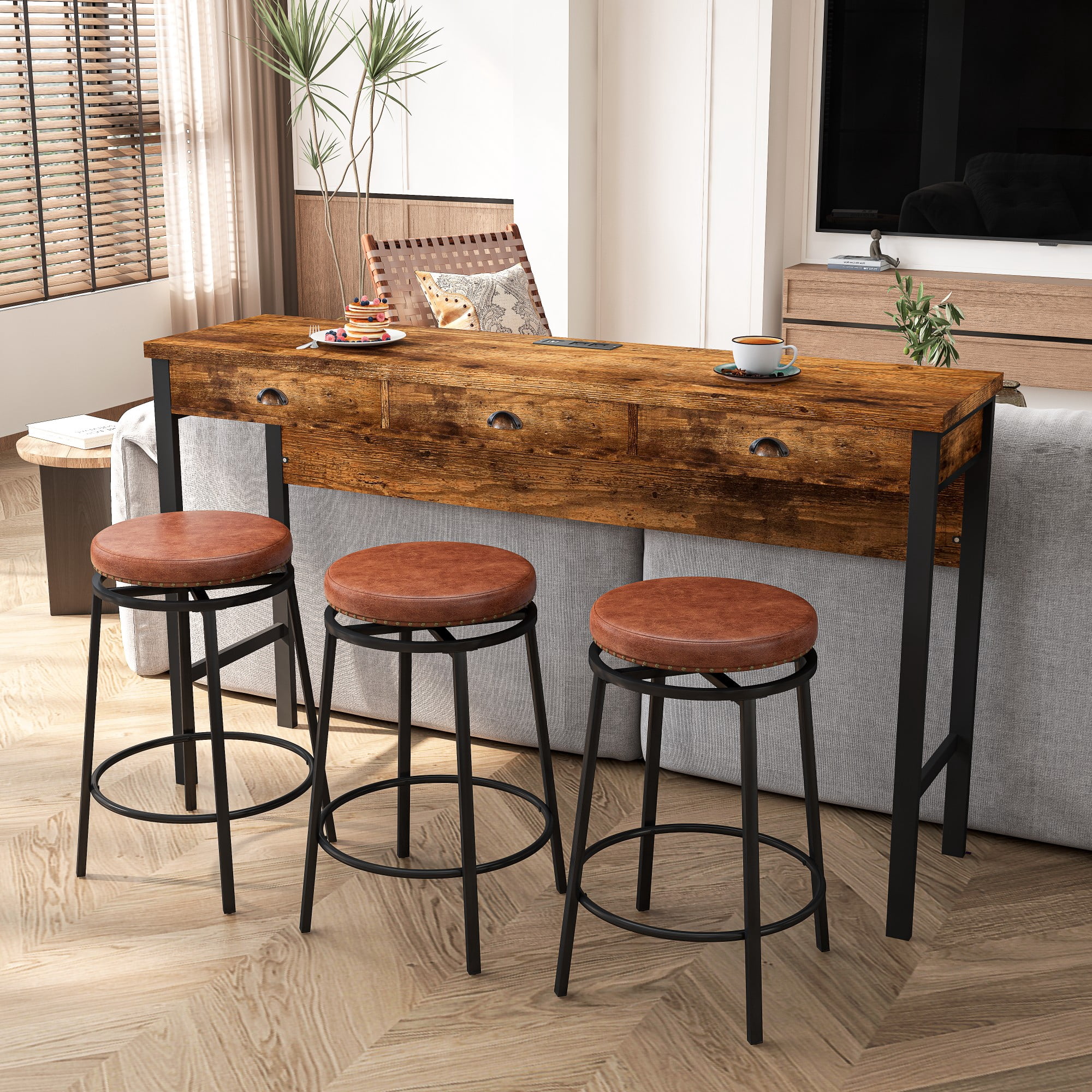 BSHTI 60.24" MDF Dining Room Table Set with Metal Frame, Power Outlets, 3 Circular PU Stools, 3 Drawers for Kitchen(Brown)
