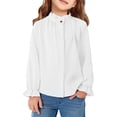 thumbnail image 1 of REDARER Girls' Stand Collar Ruffle Trim Long Sleeve Blouse - Loose Fit Solid Color Versatile Spring Summer Casual Commute Kids Top,9-10 Years, 1 of 3