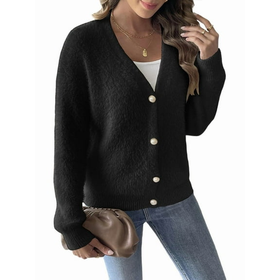 Womens Cardigan Sweater Fall Winter Fuzzy Button Up Long Sleeve V Neck Soft Chunky Knit Cardigan Black L