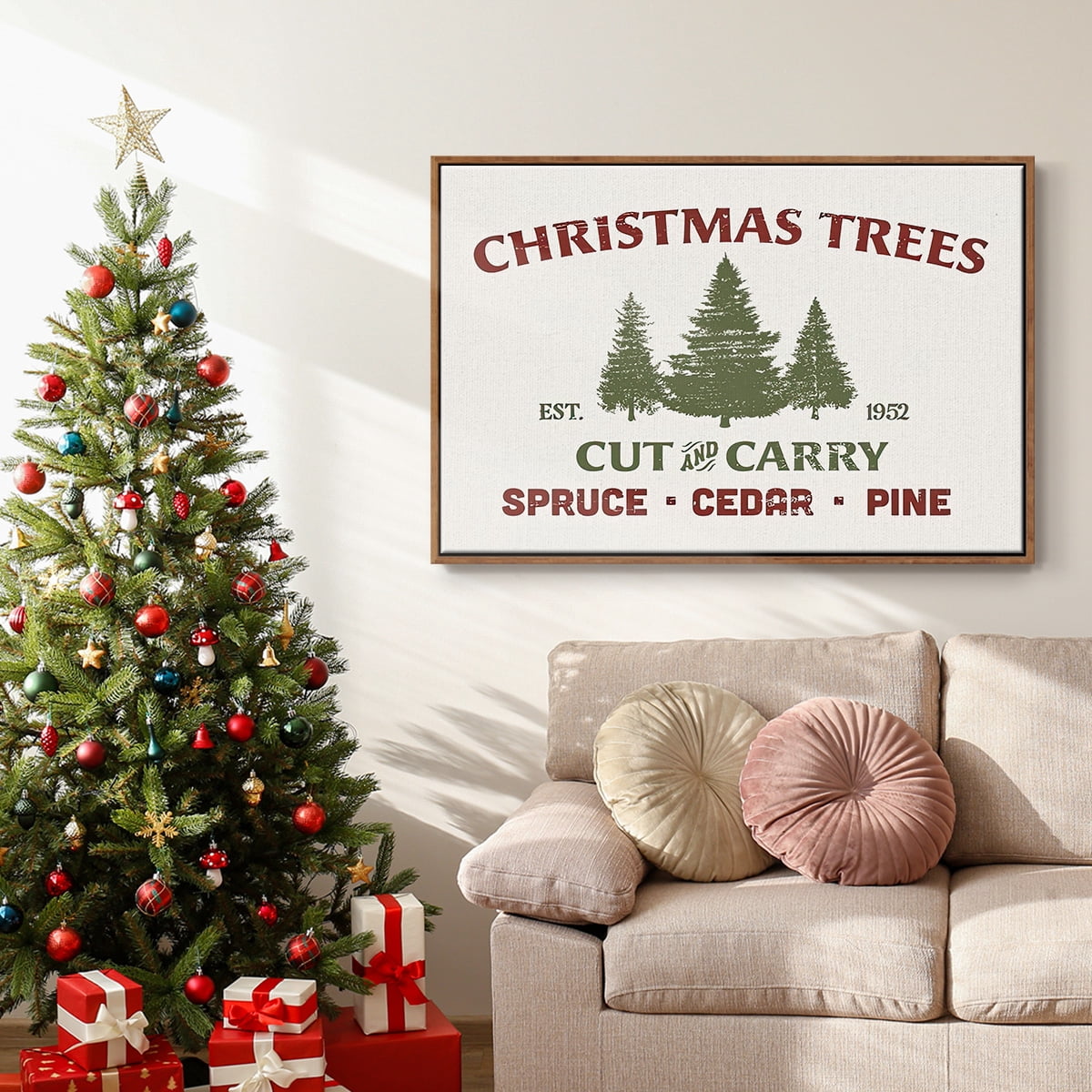 Christmas Farm Sign I - Framed Gallery Wrapped Holiday Canvas - 25 x 37 - Rosewood Frame