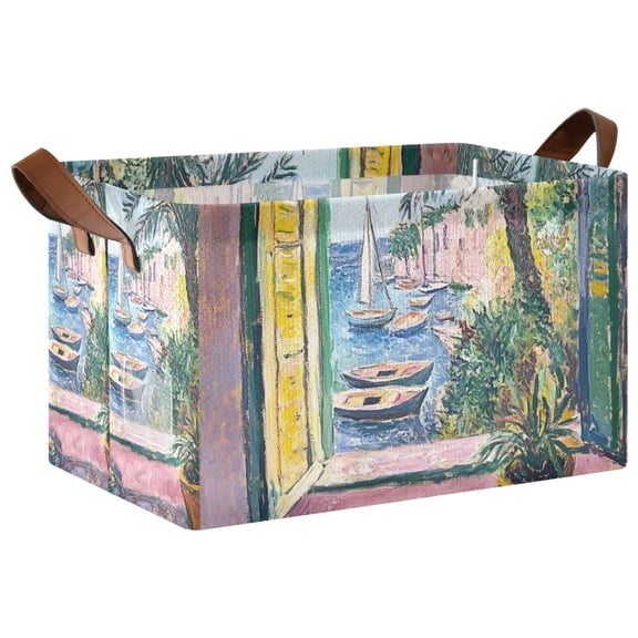 Yayeee Foldable Storage Basket for Shelves with Handles Waterproof Cloth Bins, Ocean Boat