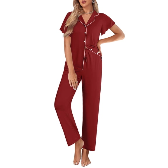 Ekouaer Pajamas for Women Set Button Up Sleepwear Cute Pjs Ruffle Sleeve Notch Collar Lounge Sets with Long Pants