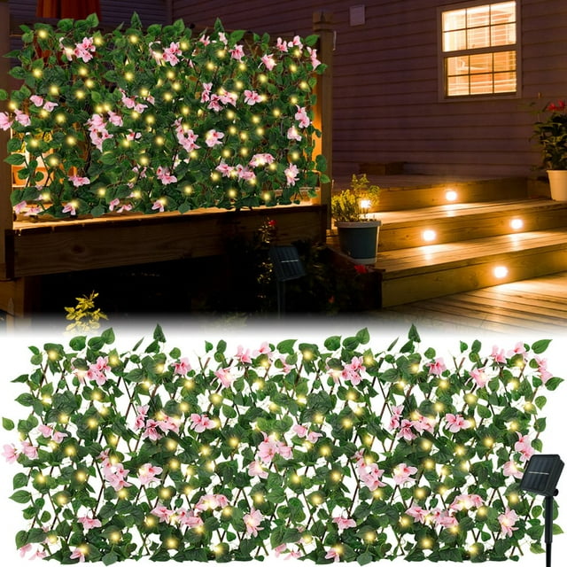 MesaSe Expandable 39FT Solar Fence String Lights Stretchable Flower Privacy Fence Faux Ivy Fence Panel Backdrop Artificial Hedges Fence Screen Leaf Decor for Garden Balcony Patio