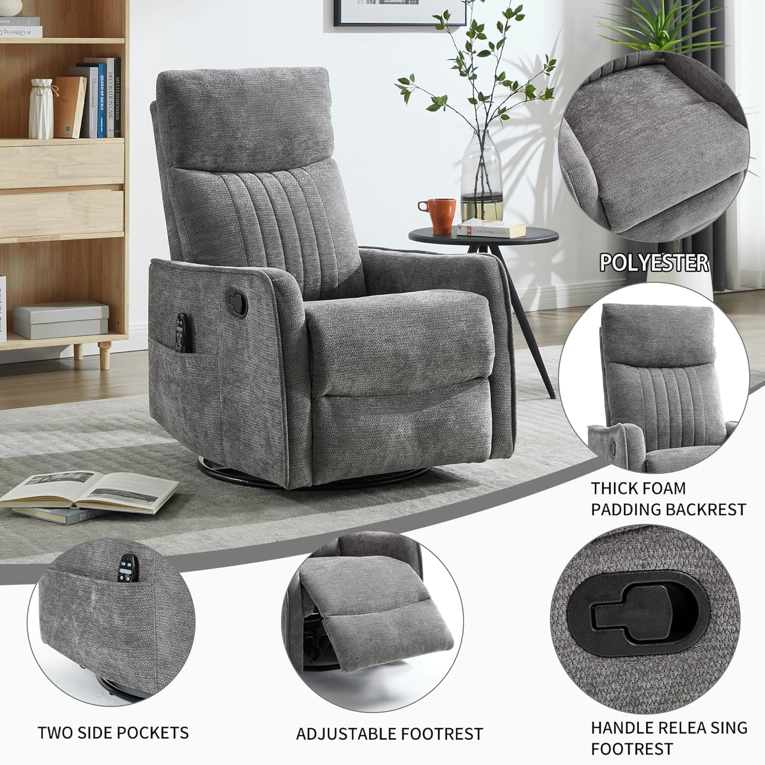 High Back Manual Recliner Chair with Heat & Massage, Swivel Rocker for Living Room Bedroom, Dark Gray