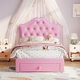 thumbnail image 3 of IDEALHOUSE Pink Bed Frames, Twin Size, Modern PU Headboard, Crystal Tuft, Colorful Glow, Storage Drawer, Metal Frame, Wooden Slats, Soft Upholstery, Easy Assembly, Noise-Free, 3 of 7