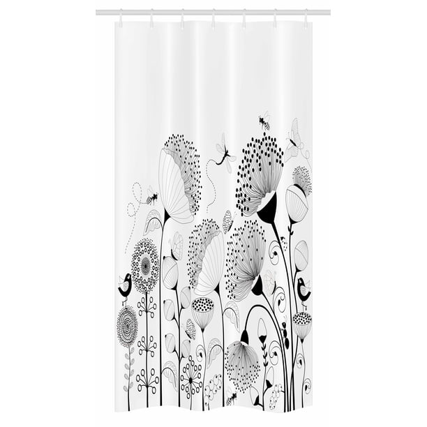 Black and White Stall Shower Curtain, Small Large Blooming Flowers with