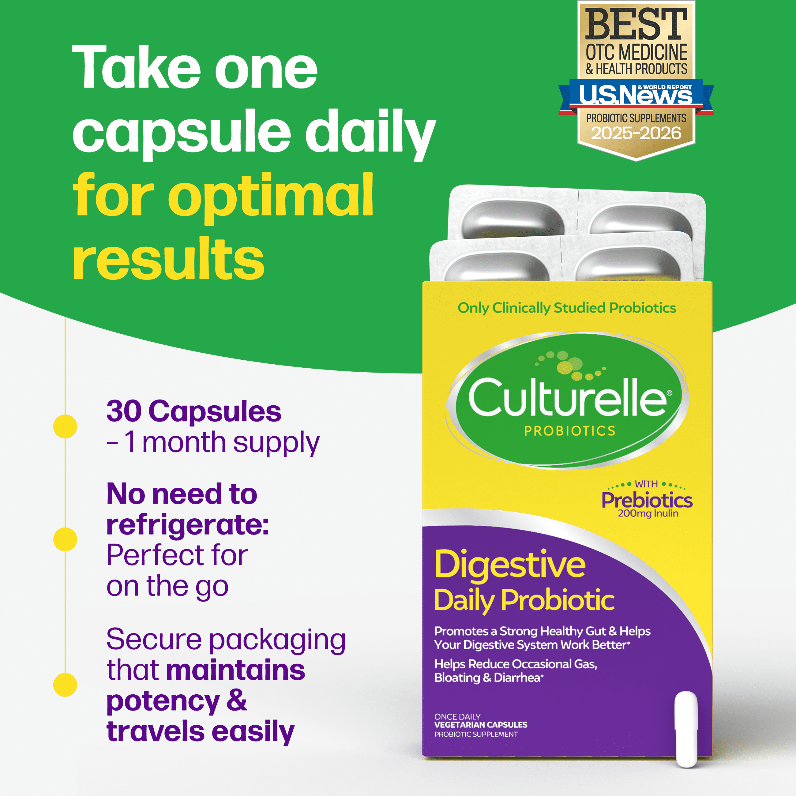 Culturelle Probiotics Digestive Support Daily Supplement, Made with Prebiotics, Promotes Gut Health for Adults, 30 Count