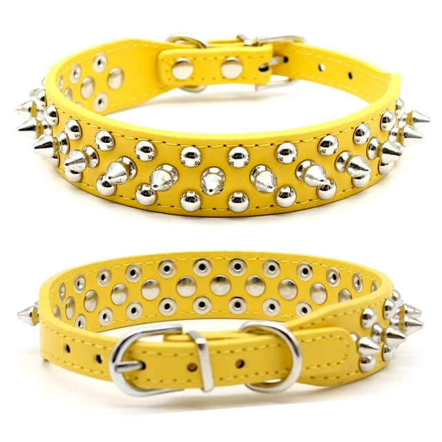Collier pour Chien en Cuir avec Rivets à Pointes pour Chats Chiots Petits Moyens Animaux Jaune 42*2.5CM