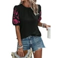 thumbnail image 3 of Women Floral Embroidered Textured Tops Crewneck Puff Short Sleeve Casual Loose Solid Embroidery Blouses Shirts Black L, 3 of 9