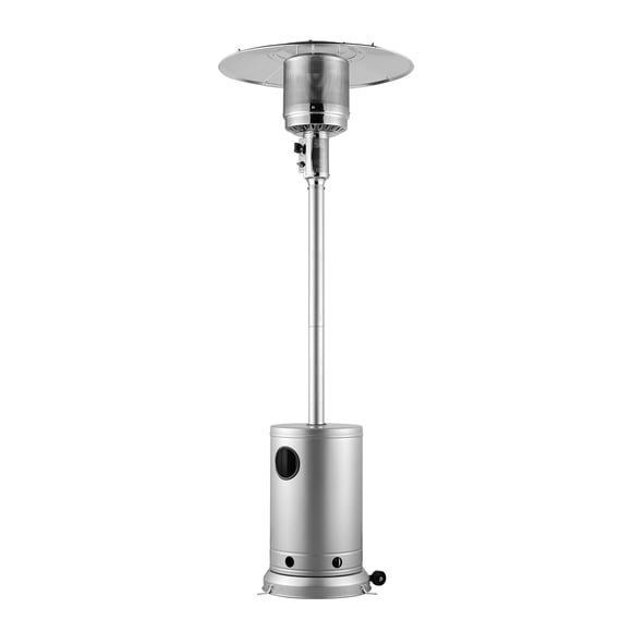 KFFKFF Outdoor Patio Heater, 50000BTU Propane Fueled, Tall Hammered Finish with Circular Table Feature, Durable Metal Burner & Wheels, Secure Outdoor Heating for Patio, Gatherings, Garden, Silver