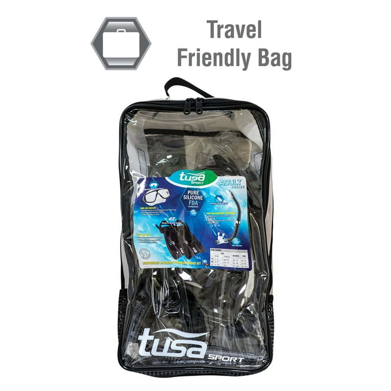 TUSA Sport Adult Platina Hyperdry Mask, Snorkel, & Fins Travel Set, Clear  Blue, Medium 