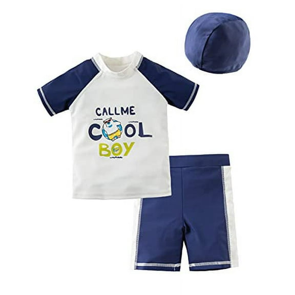 Styles I Love Kid Boys Call ME Cool BOY Printed Short Sleeve Rash Guard Set and Hat 3pcs White Swimsuit Beach Bathing Suit (18 Months)