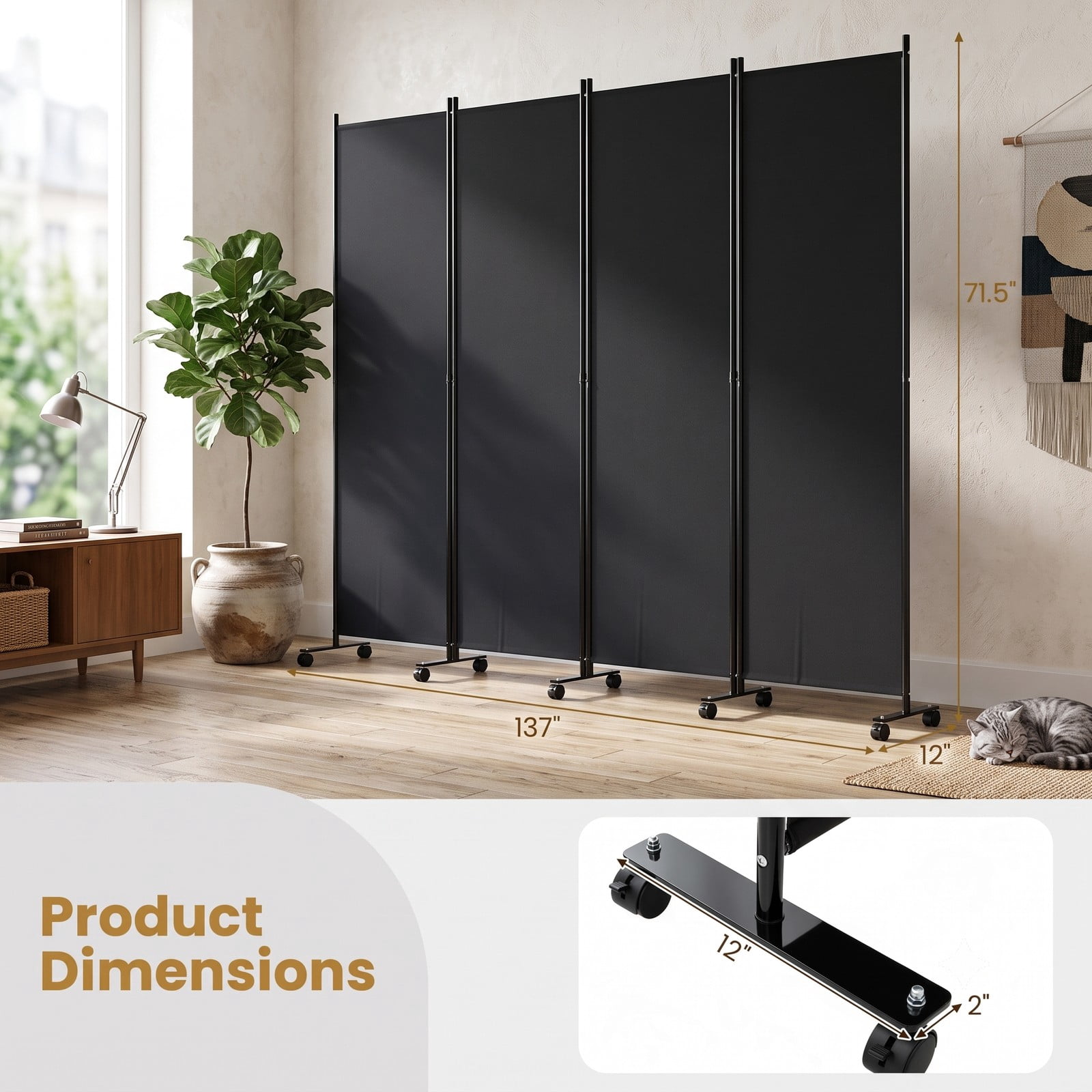ALPULON 4 Panel Folding Privacy Screen Room Divider with Universal Wheels, Freestanding Portable Polyester Fabric Partition Panel for Living Room Bedroom Office, Black
