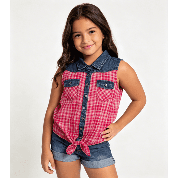 Bienzoe Girl's Plaid Denim Sleeveless Blouse Casual Tank Tops Hot Pink 10