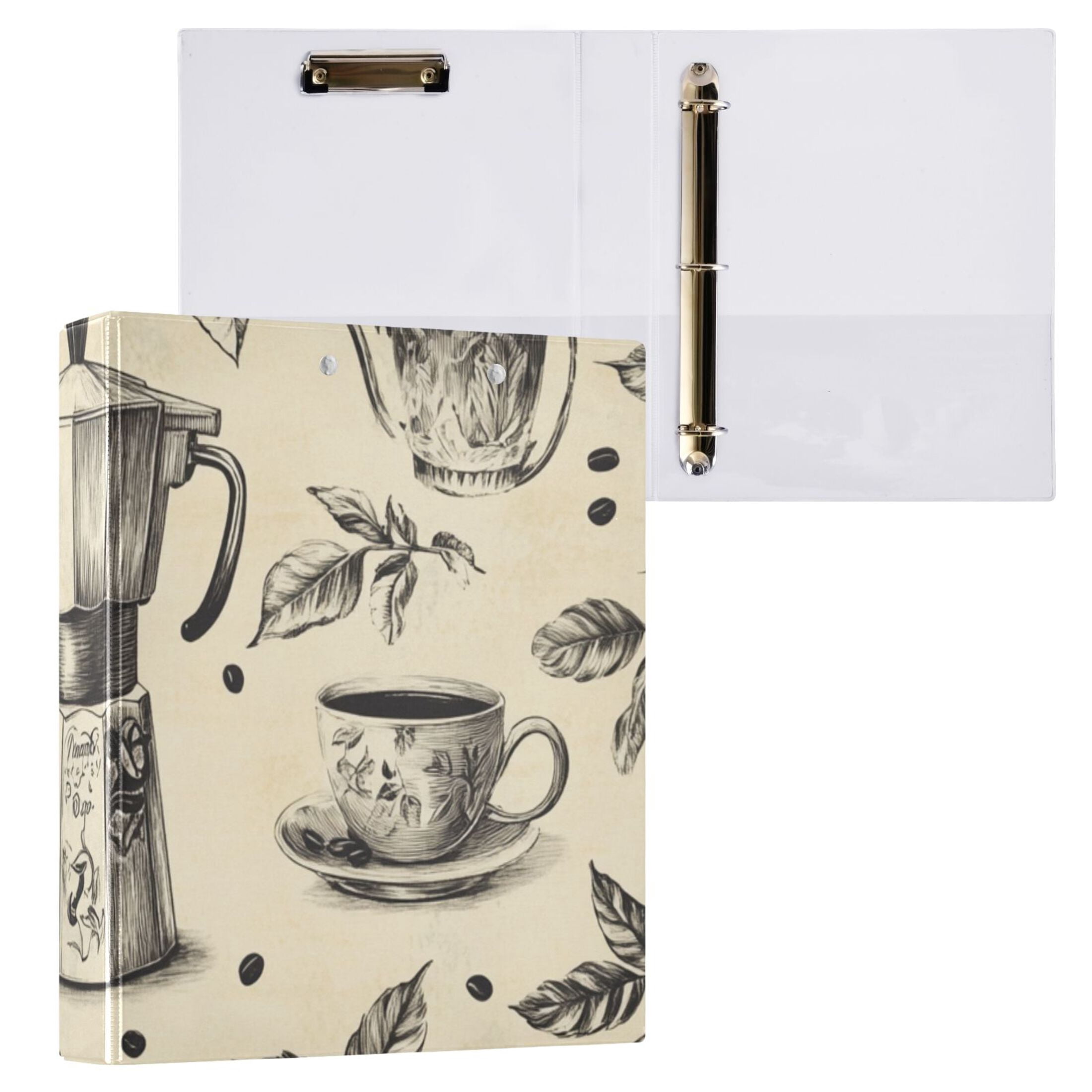 Vintage Coffee Leaves 3 Ring Binders 1.5 inch Hardcover File Folders with Interior Pockets A4 Size Organizer for School Office Hospital
