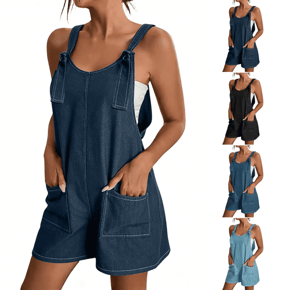 POIUYTR Women's Summer Denim Jumpsuits Casual Scoop Neck High Waist Wide Leg Romper Vacation Beach Shorts