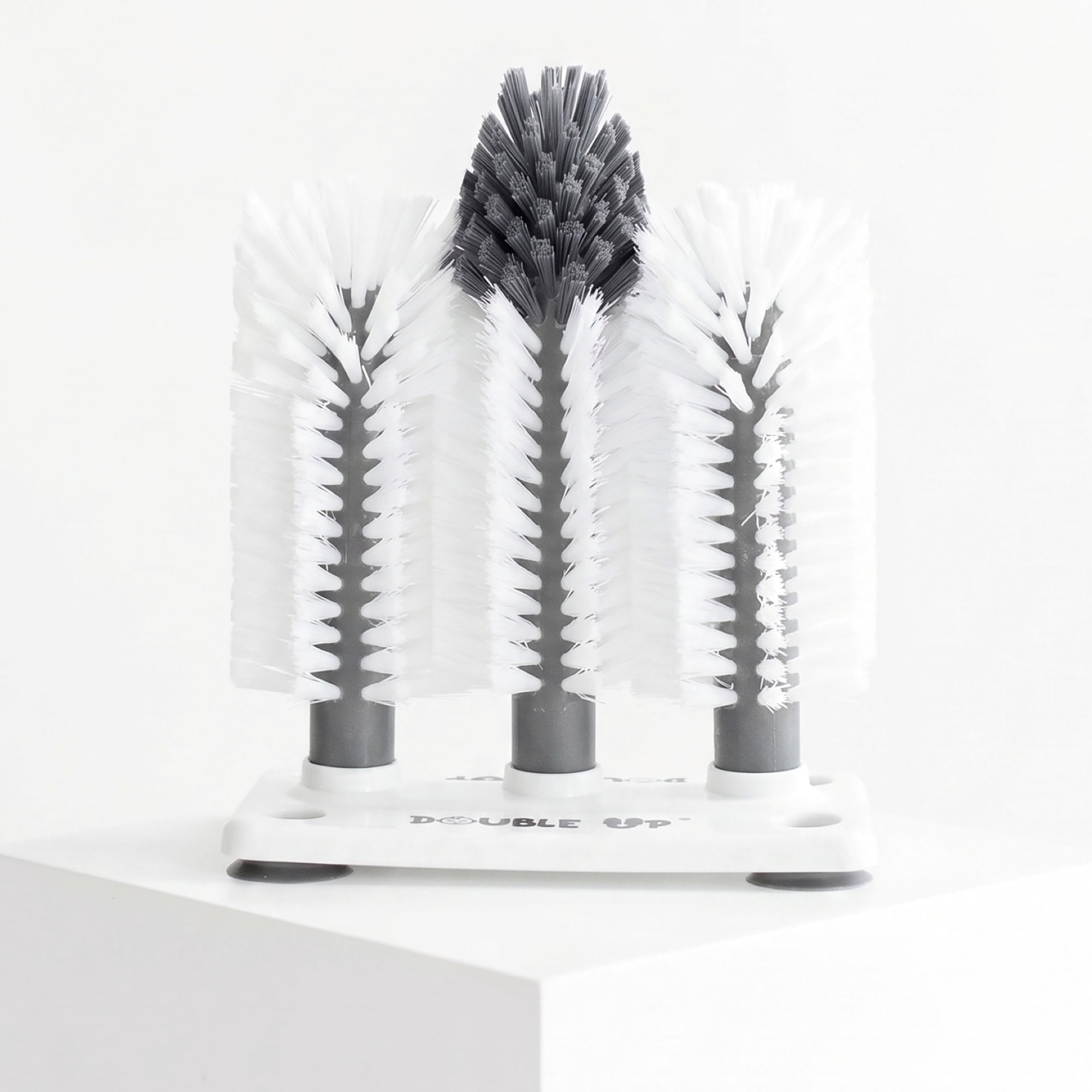 Double Up Bottle Brush - Clean 2 Baby Bottles At Once, Dense Washing Bristles, Suction Base, Nipple Scrub, Dishwasher Safe, Newborn Feeding Essential