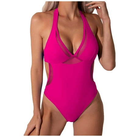 GEWSEY Womens One Piece Swimsuits Sexy V Neck Adjustable Cutout Push Up Tummy Control High Cut Thong Bathing Suit Hot Pink  S