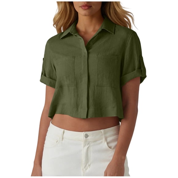 Ymauqau Button down Shirts for Women Cotton Linen Rolled Short Sleeve Collared Crop Tops Cropped Casual Blouses with Pockets