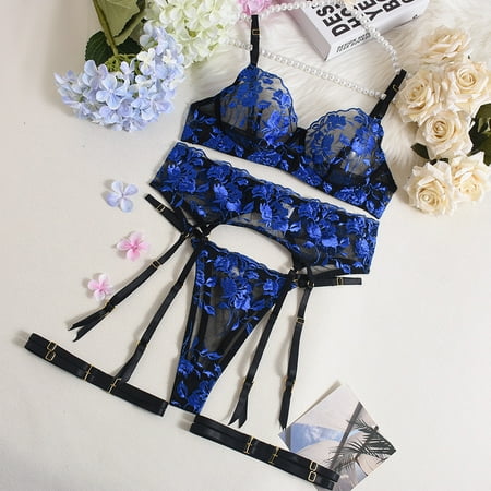 Generic Sexy Lingerie See-through Dress Contrast Color Mesh Embroidered Bra Sexy Seduction 4-Piece Set