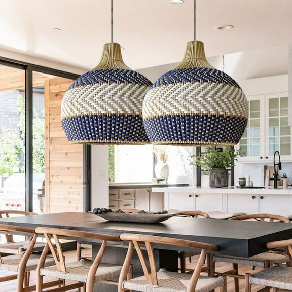 UEEYAC Japanese Style Army Blue Rattan Pendant Light For Dining Room
