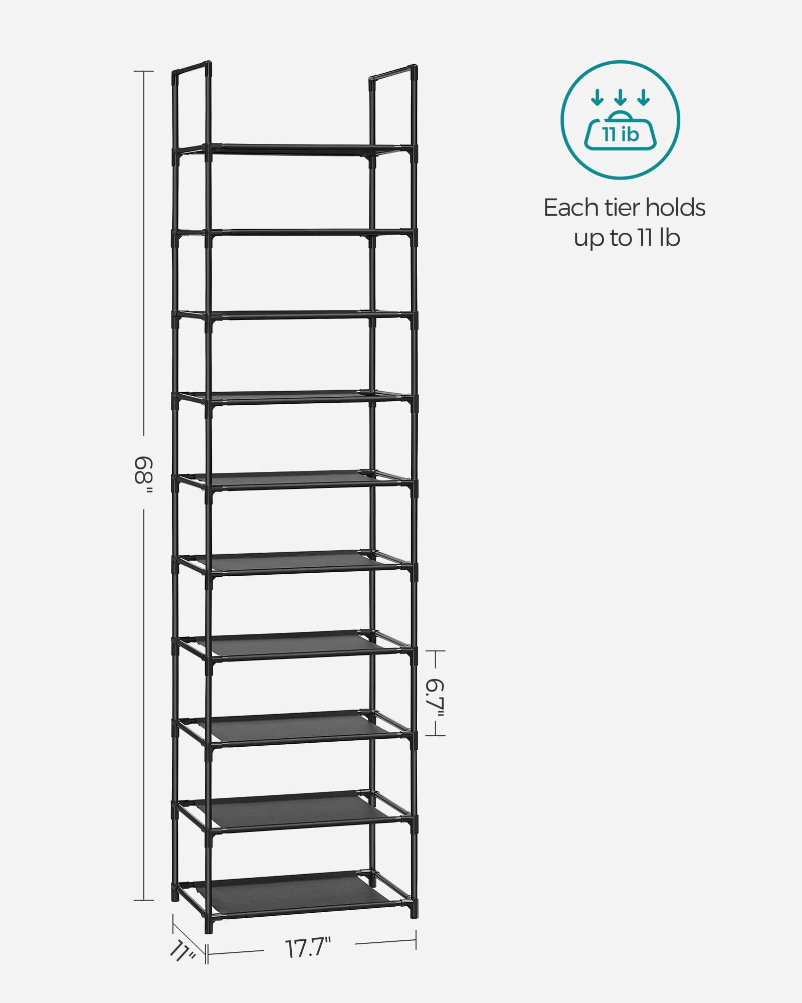 Songmics Shoe Rack  10-tier Shelf Storage Organizer 11 X 17.7 68 Inches Metal Frame Non-woven Fabric Shelves For Entryway Bedroom Black Ulsh010b02